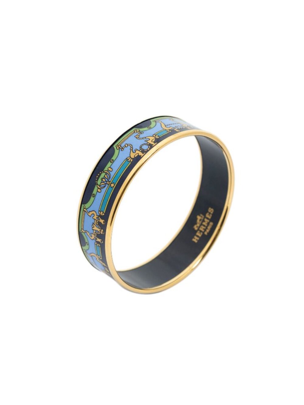 Hermes Enamel Bangle Navy Green Gold Print Motif Bracelet